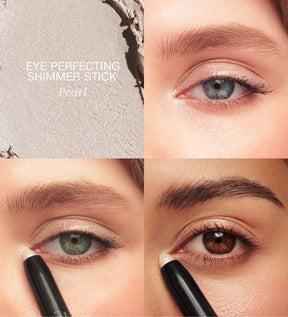 Mini Eye Shimmer Set featuring Eye Perfecting Shimmer Stick in Pearl applied on different eye colours