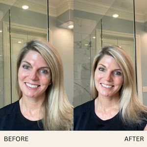 Before and after comparison of a woman with blonde hair in a bathroom setting.