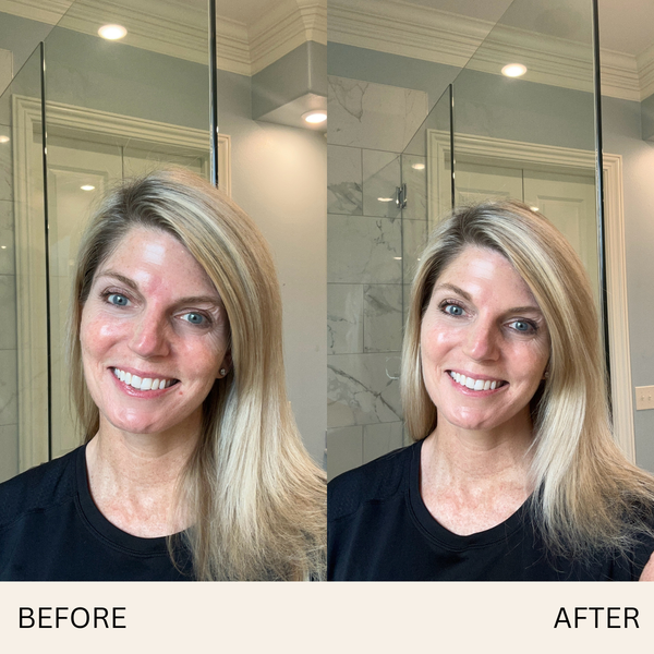 Before and after comparison of a woman with blonde hair in a bathroom setting.