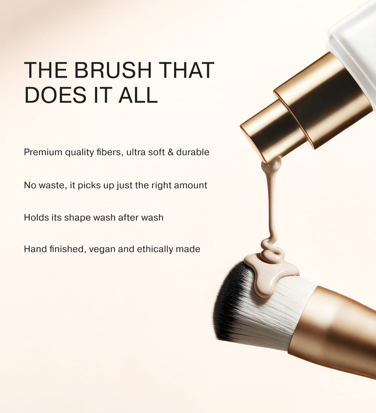 2-in-1 Build and Conceal Brush receiving liquid foundation from a bottle, highlighting product benefits and soft fibers.