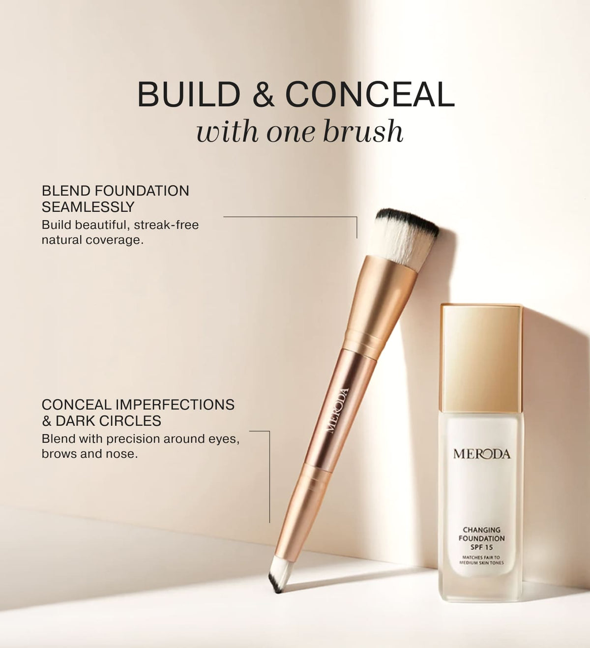 2-in-1 Build & Conceal Brush shown next to a foundation bottle, highlighting dual-ended benefits for seamless application.