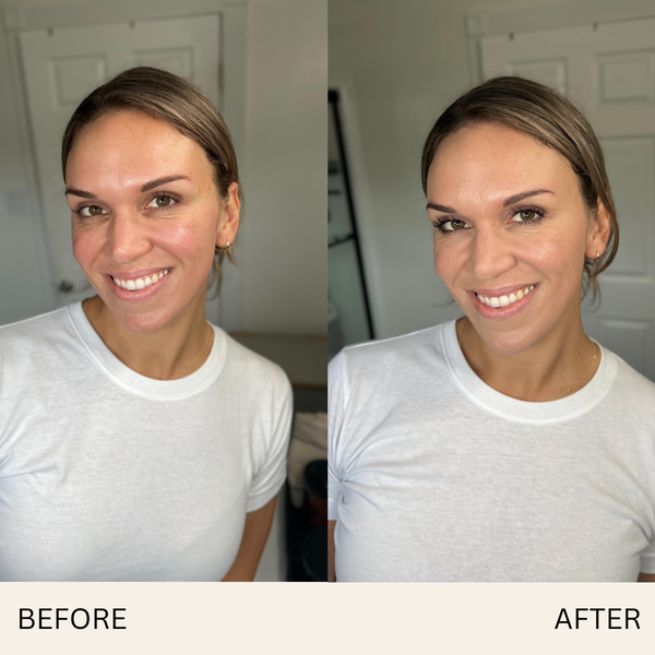 Before and after comparison of a woman wearing a white shirt.