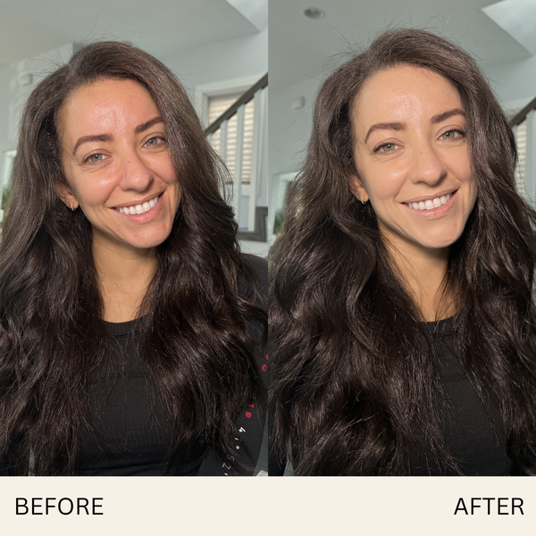 Before and after comparison of a woman with long dark hair in a neutral indoor setting.