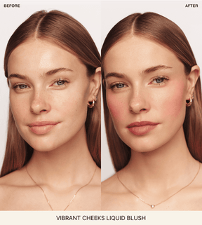 Meroda Cosmetics Vibrant Cheeks Liquid Blush before and after comparison showing a soft, healthy glow