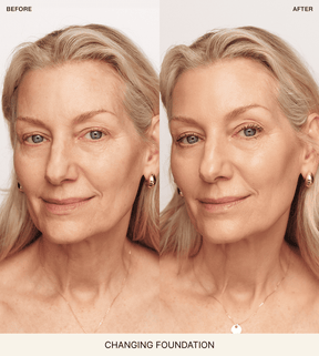 Meroda Cosmetics Changing Foundation before and after comparison on a mature woman concealing redness and imperfections