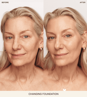 Before and after comparison of a woman's face with text 'Changing Foundation' on a plain background.