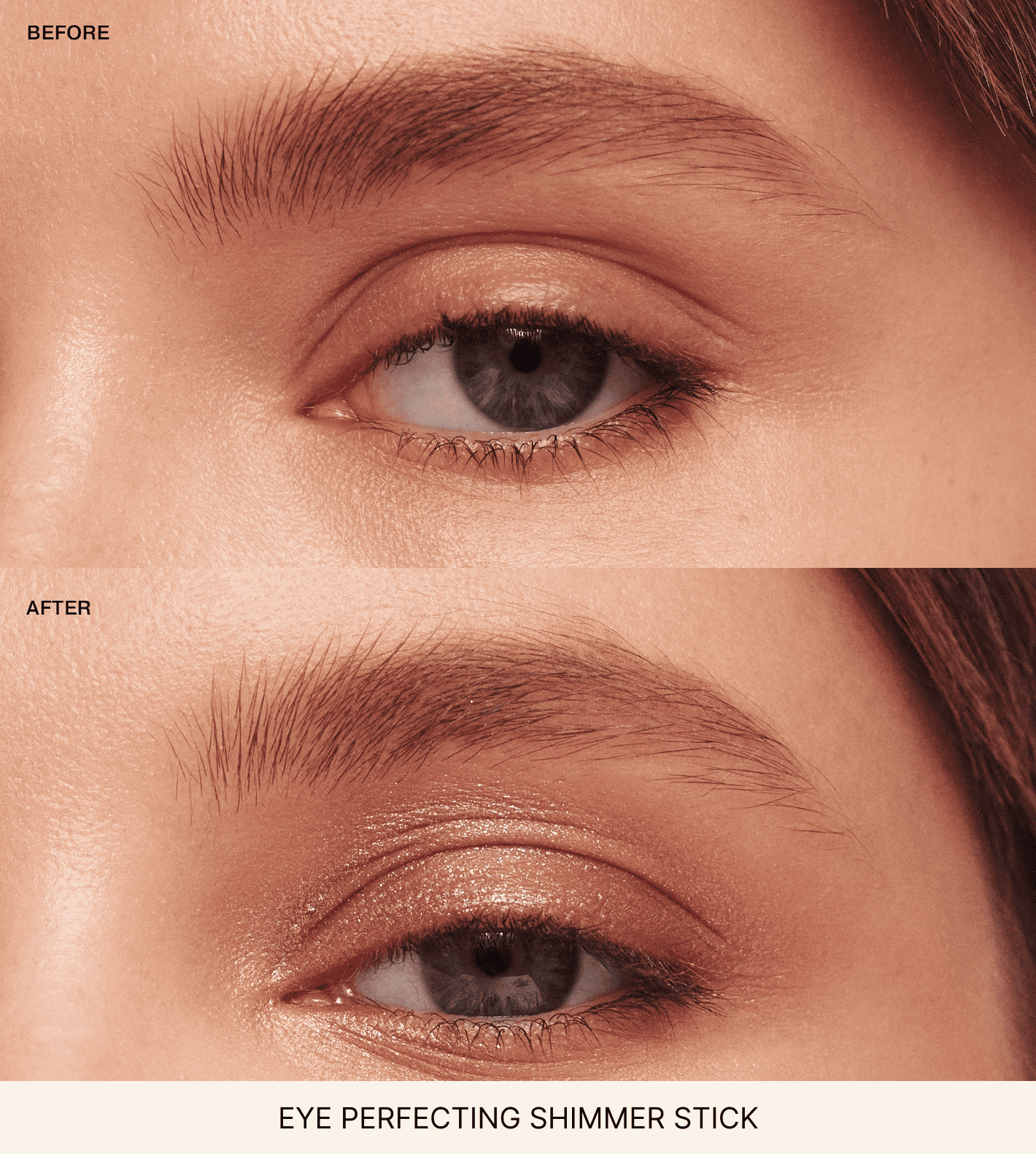 Before and after comparison of an eye with a shimmer stick application.