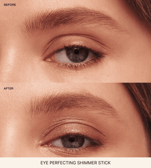 Before and after comparison of an eye with a shimmer stick application.