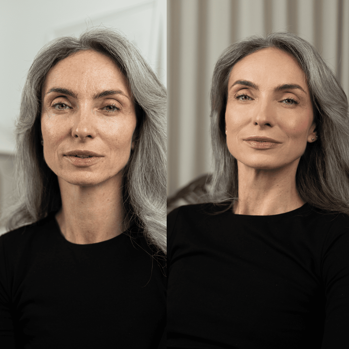 Side-by-side comparison of a woman with gray hair against a neutral background