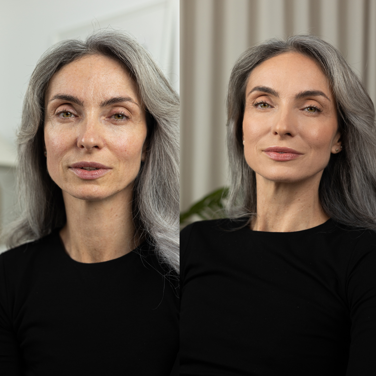 Side-by-side comparison of a woman with gray hair against a neutral background