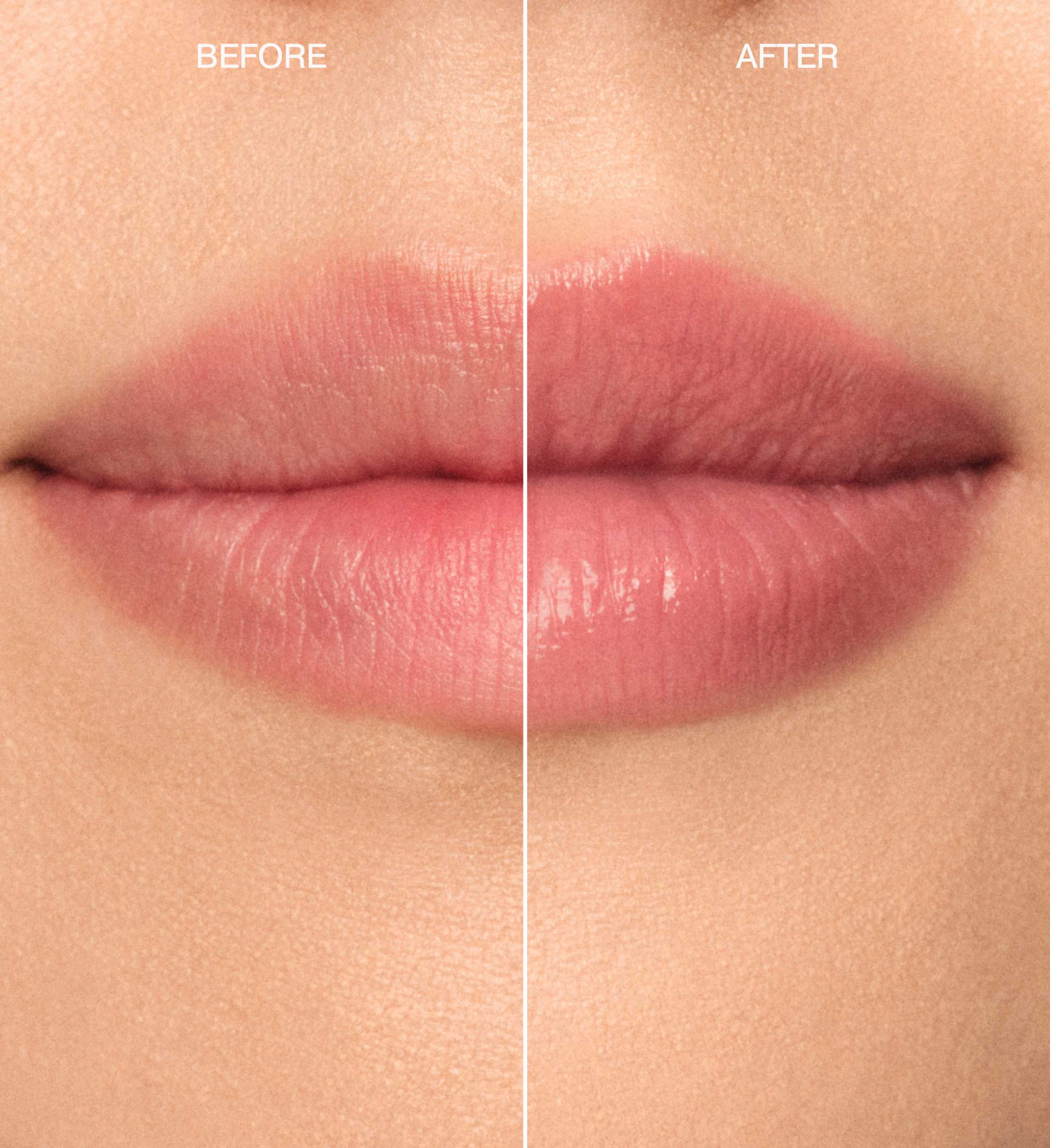 Hydrating Lip Tint in Dusty Rose before and after comparison showing smooth, nourished, and glossy lips.