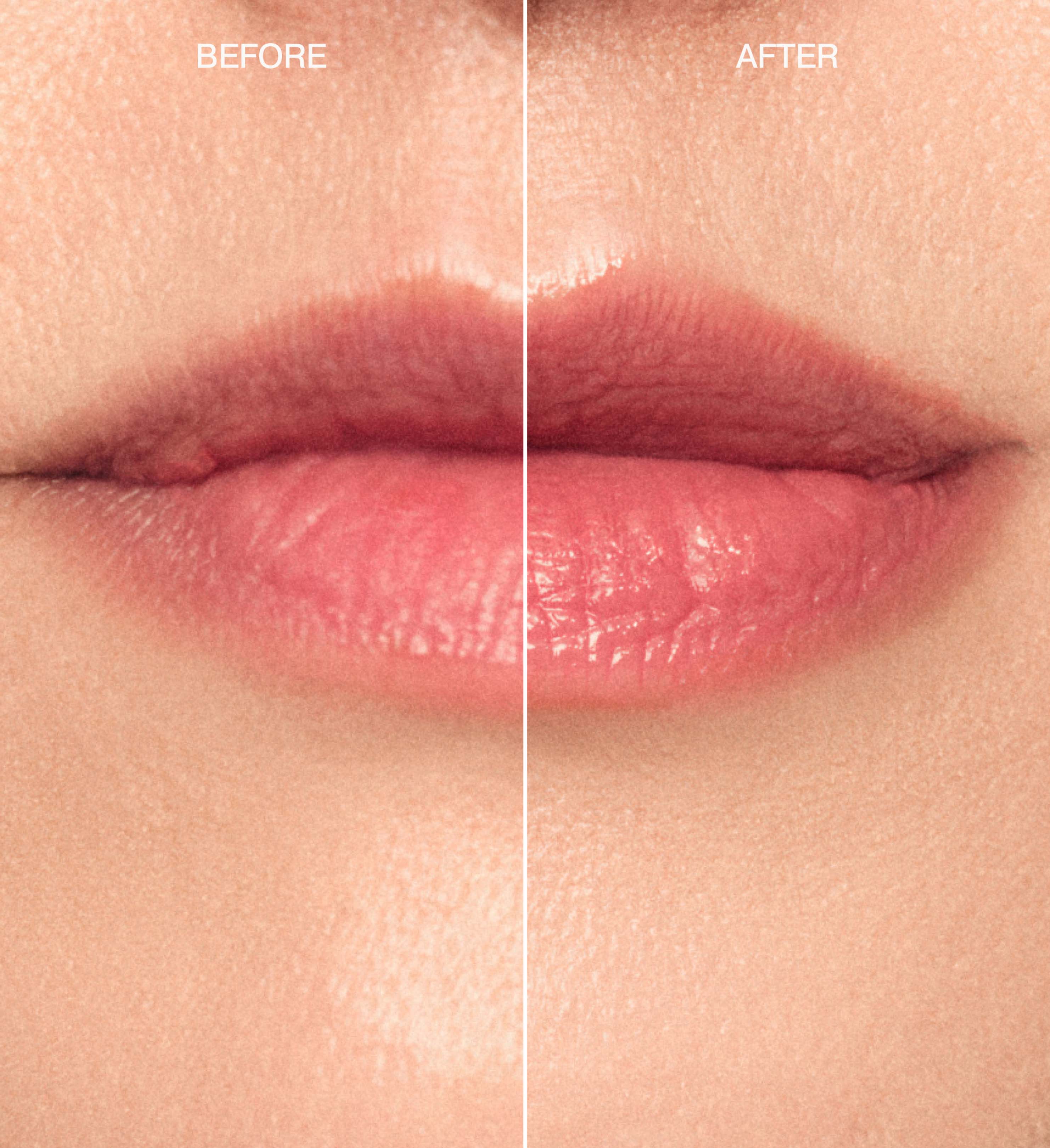 Sunkissed Trio Hydrating Lip Tint in Peachy Rose before and after showing enhanced lip colour and shine.