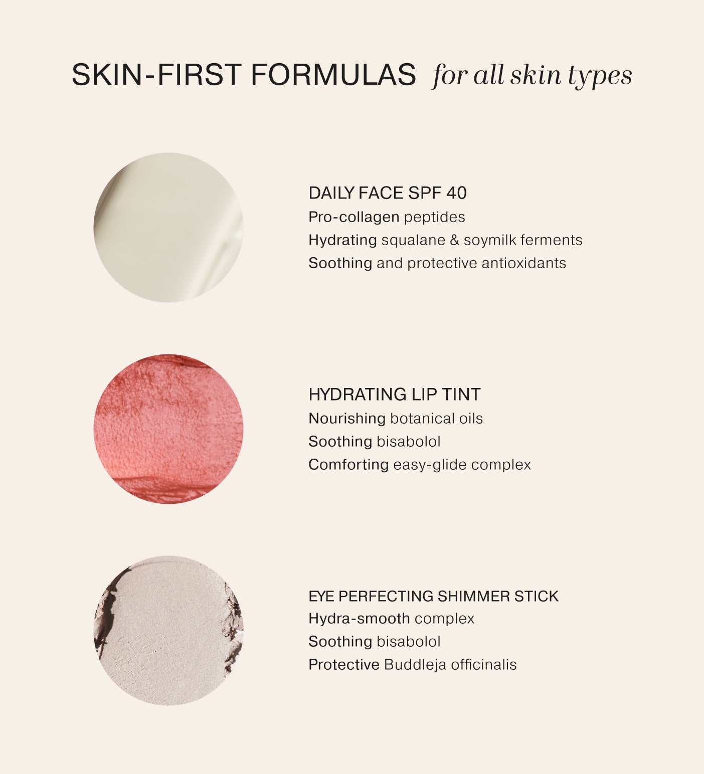 Skin-first formulas for Sunkissed Trio featuring Daily Face SPF 40, Hydrating Lip Tint, and Eye Perfecting Shimmer Stick.