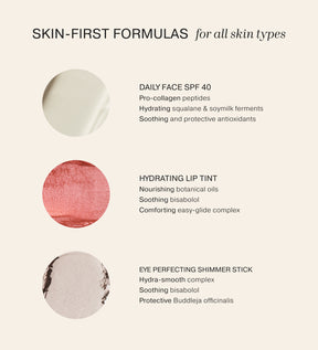 Skin-first formulas for Sunkissed Trio featuring Daily Face SPF 40, Hydrating Lip Tint, and Eye Perfecting Shimmer Stick.