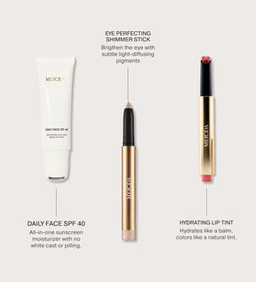 Sunkissed Trio featuring Daily Face SPF 40, Eye Perfecting Shimmer Stick, and Hydrating Lip Tint for a natural glow.