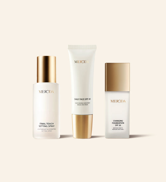 Summer-Proof Edit featuring Daily Face SPF 40, Changing Foundation SPF 30 and Final Touch Setting Spray in gold and white.