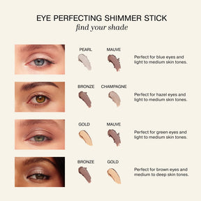 Eye Perfecting Shimmer Stick shade guide matching swatches to blue, hazel, green and brown eye colours.