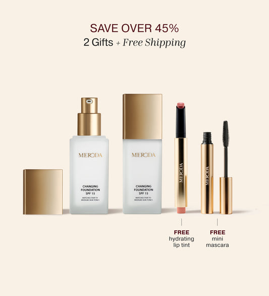 Everyday Essentials bundle featuring two Changing Foundation SPF 15 bottles, a free hydrating lip tint, and a free mini mascara.