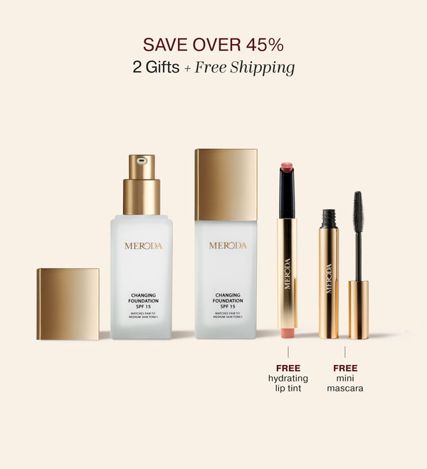 Everyday Essentials bundle featuring two Changing Foundation SPF 15 bottles, a free hydrating lip tint, and a free mini mascara.