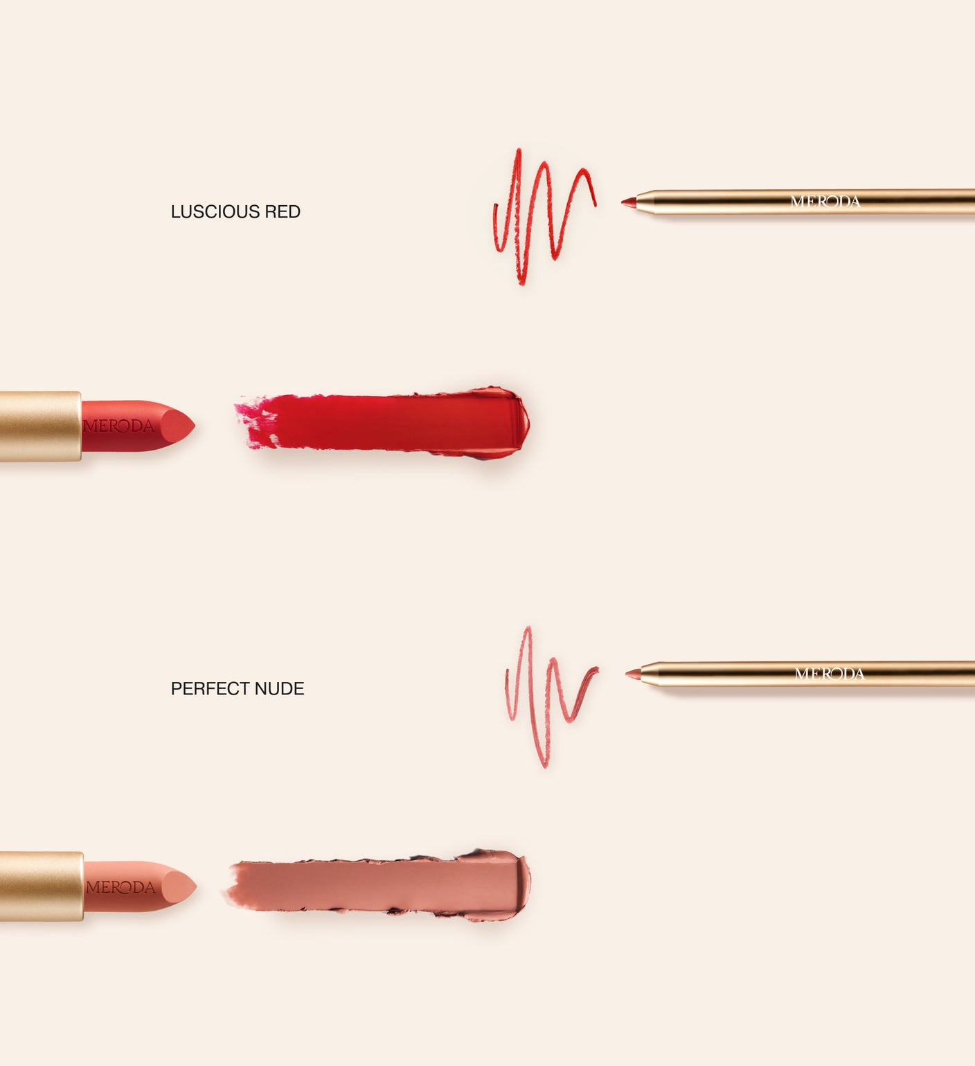 Luscious Lips Set featuring Velvet Dream Lipsticks and Signature Lip Pencils in Luscious Red and Perfect Nude with swatches