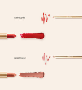 Luscious Lips Set featuring Velvet Dream Lipsticks and Signature Lip Pencils in Luscious Red and Perfect Nude with swatches