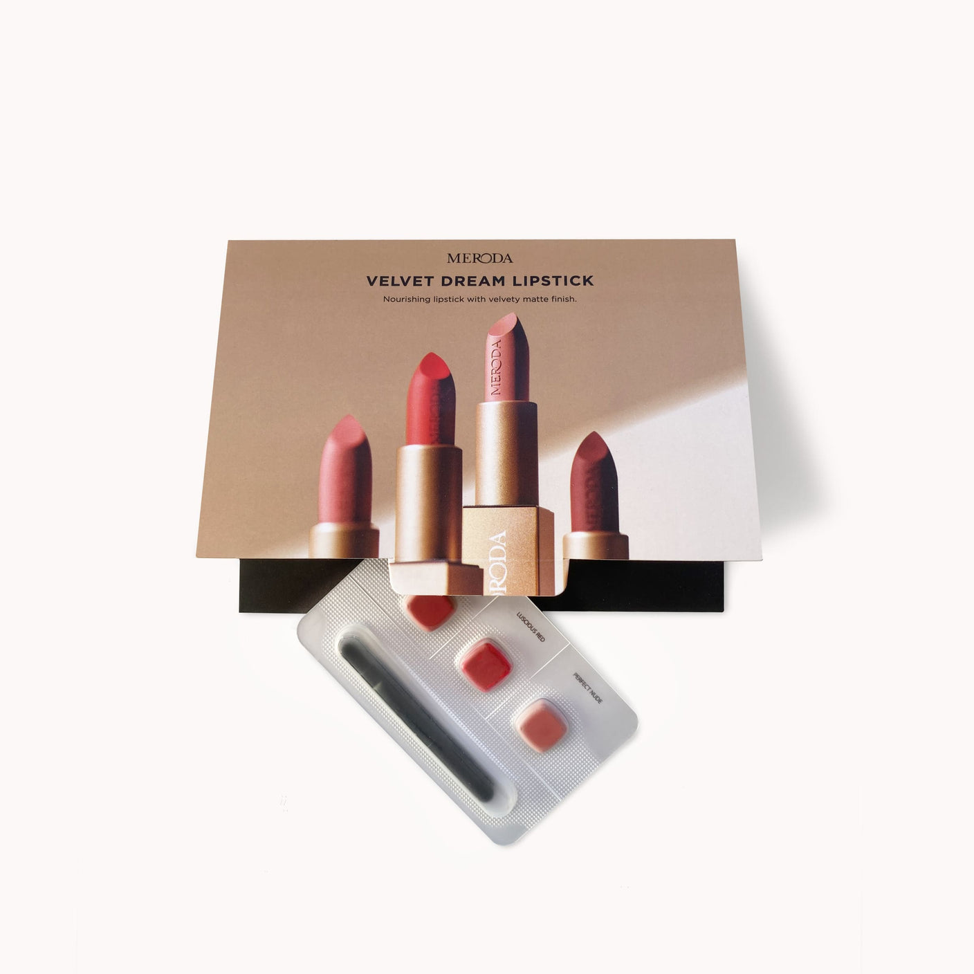 Velvet Dream Lipsticks Sample - 0.15 g x 3 (Red, Nude & Pink) card with a blister pack and small applicator brush.