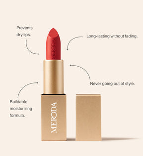 Meroda Cosmetics The Hydrating Lip Tint displaying benefits including prevents dry lips, long-lasting without fading and buildable moisturising formula