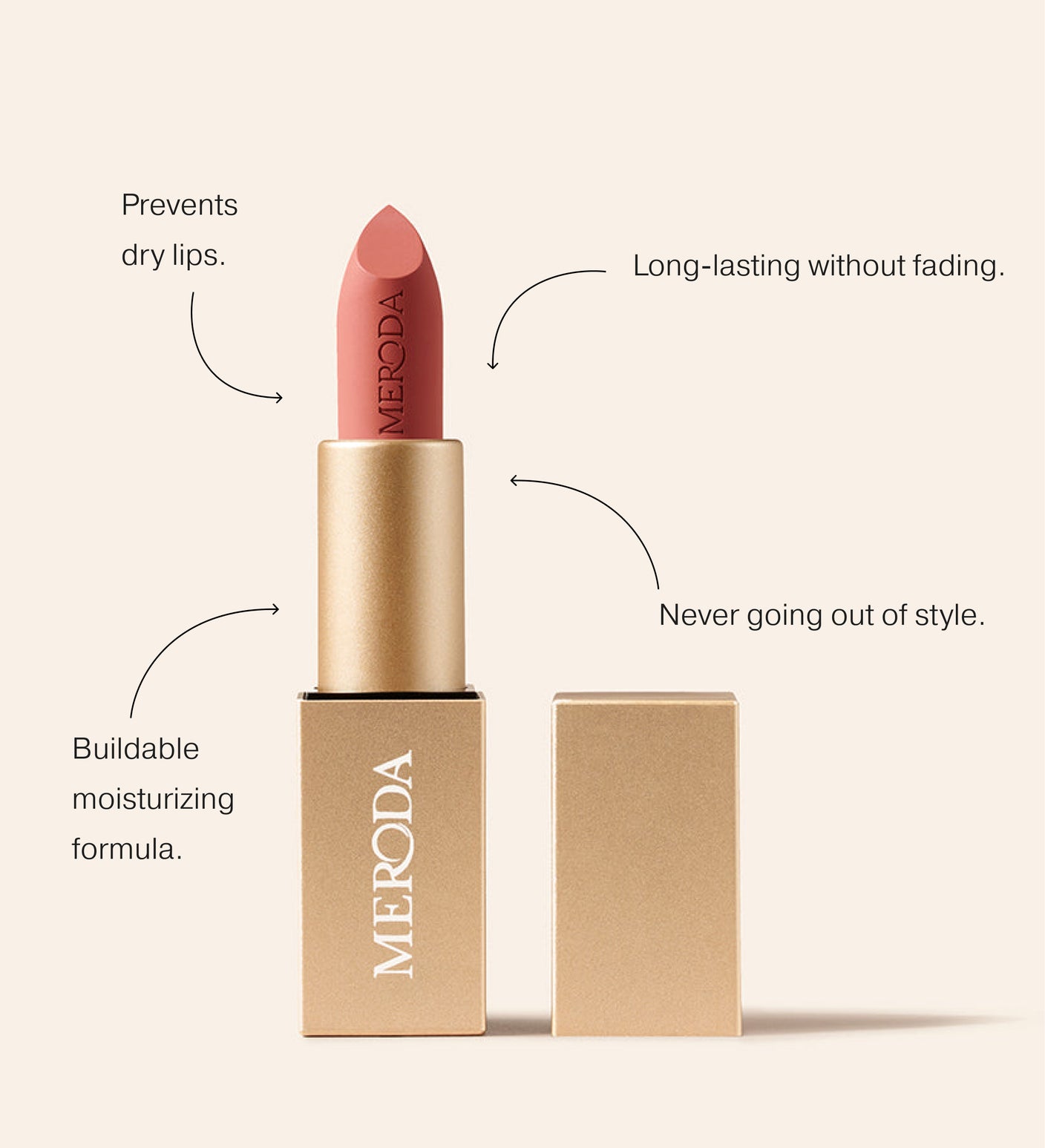 Velvet Dream Lipstick - Perfect Nude in gold casing with callouts on its buildable, moisturising matte formula.