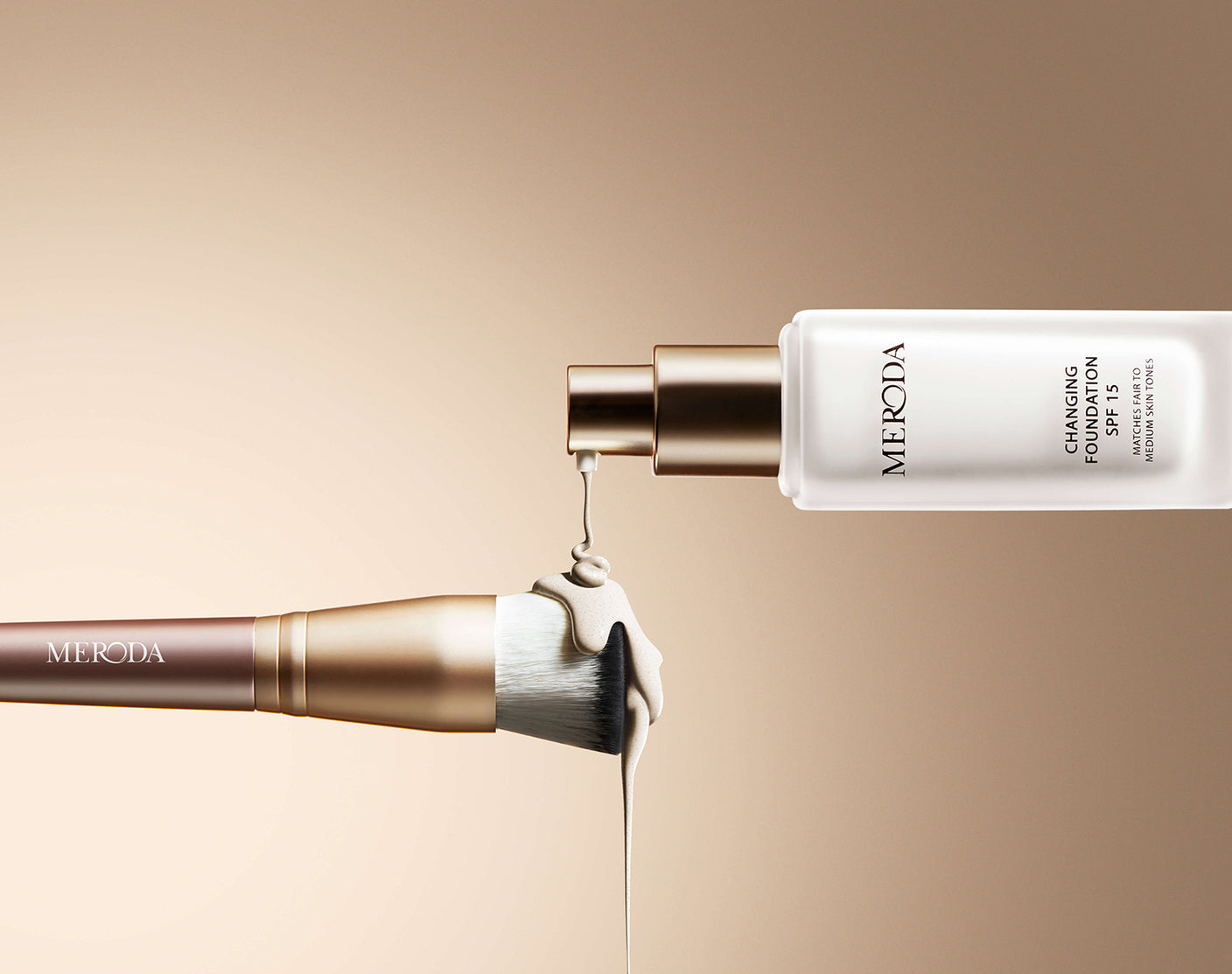 Meroda Changing Foundation SPF 15 being poured onto the 2-in-1 Build & Conceal Brush