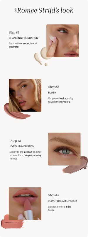 Step-by-step makeup tutorial with close-up images of a woman applying makeup.