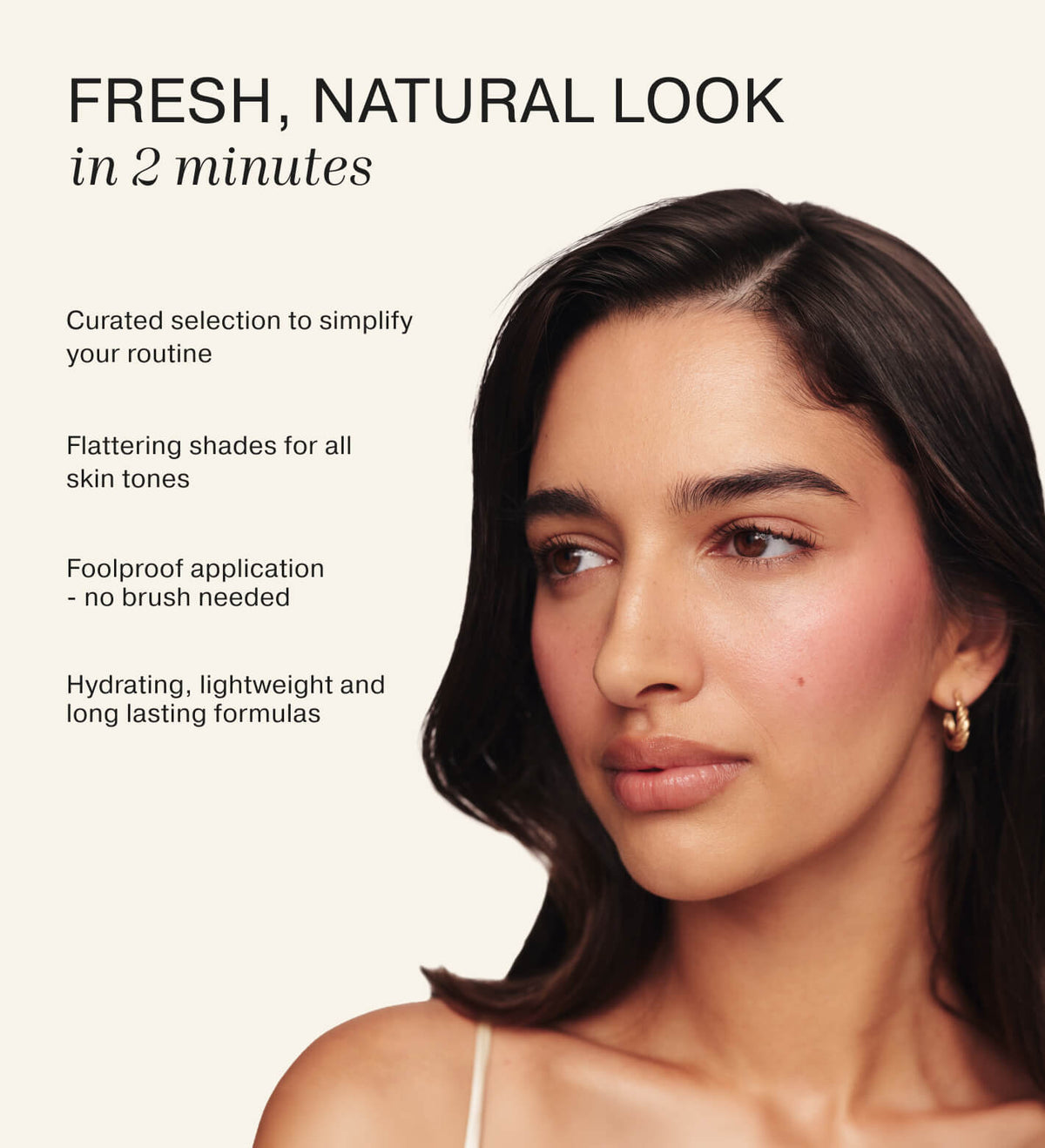Soft Touch Trio makeup set applied on a model showcasing fresh, natural highlights and radiant skin.