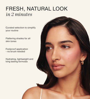 Soft Touch Trio makeup set applied on a model showcasing fresh, natural highlights and radiant skin.