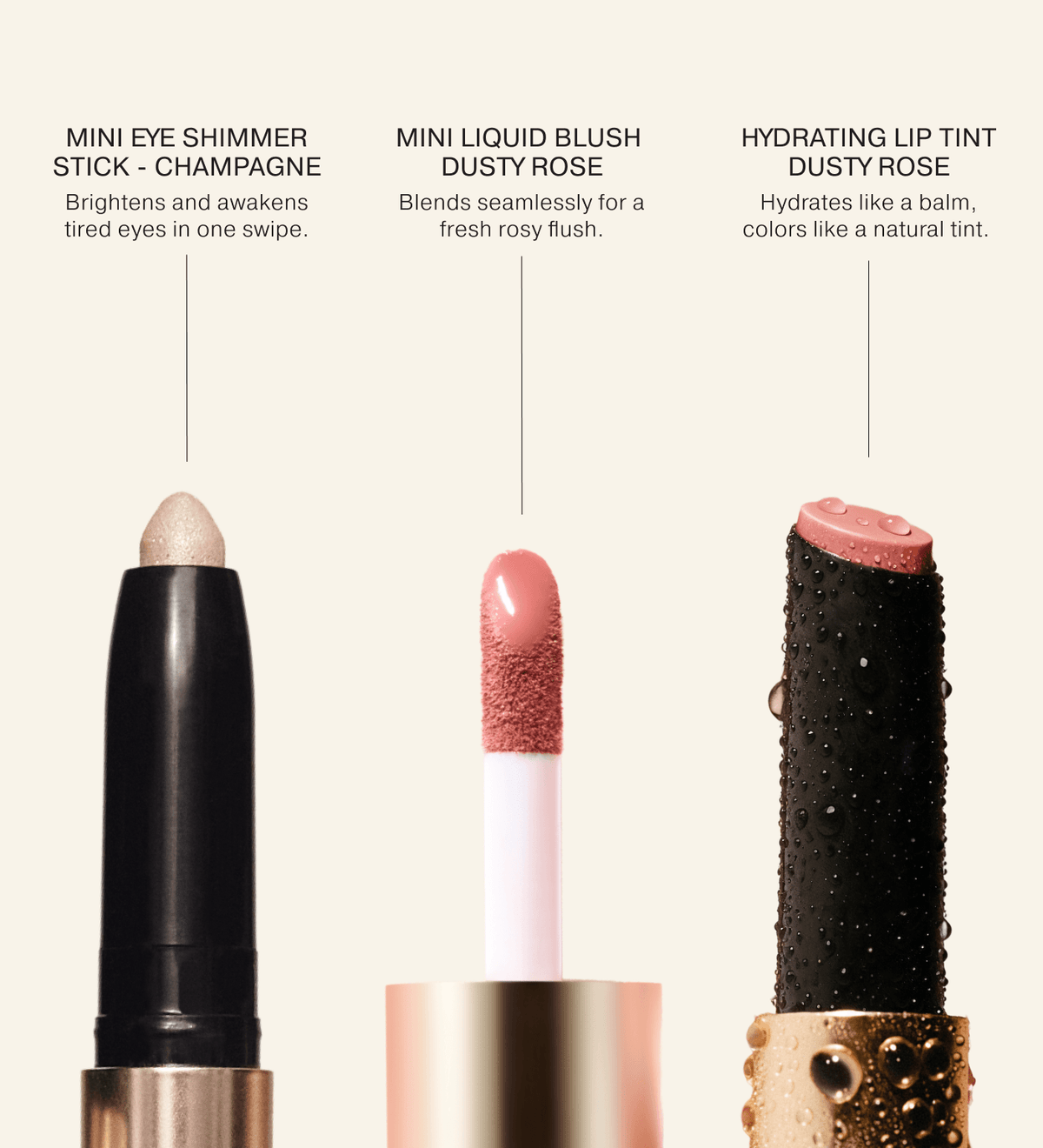Soft Touch Trio showing Mini Eye Shimmer Stick, Mini Liquid Blush and Hydrating Lip Tint product details.