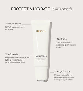 Daily Face SPF 40 tube with metal rollerball applicator highlighting protection and hydration benefits.
