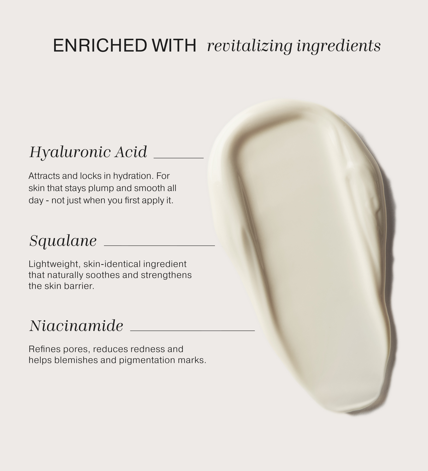 Daily Face SPF 40 creamy texture swatch highlighting Hyaluronic Acid, Squalane, and Niacinamide ingredients.
