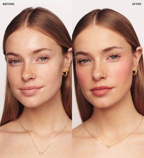 Vibrant Cheeks Liquid Blush in Pink Peony before and after comparison showing a soft, healthy dewy glow.