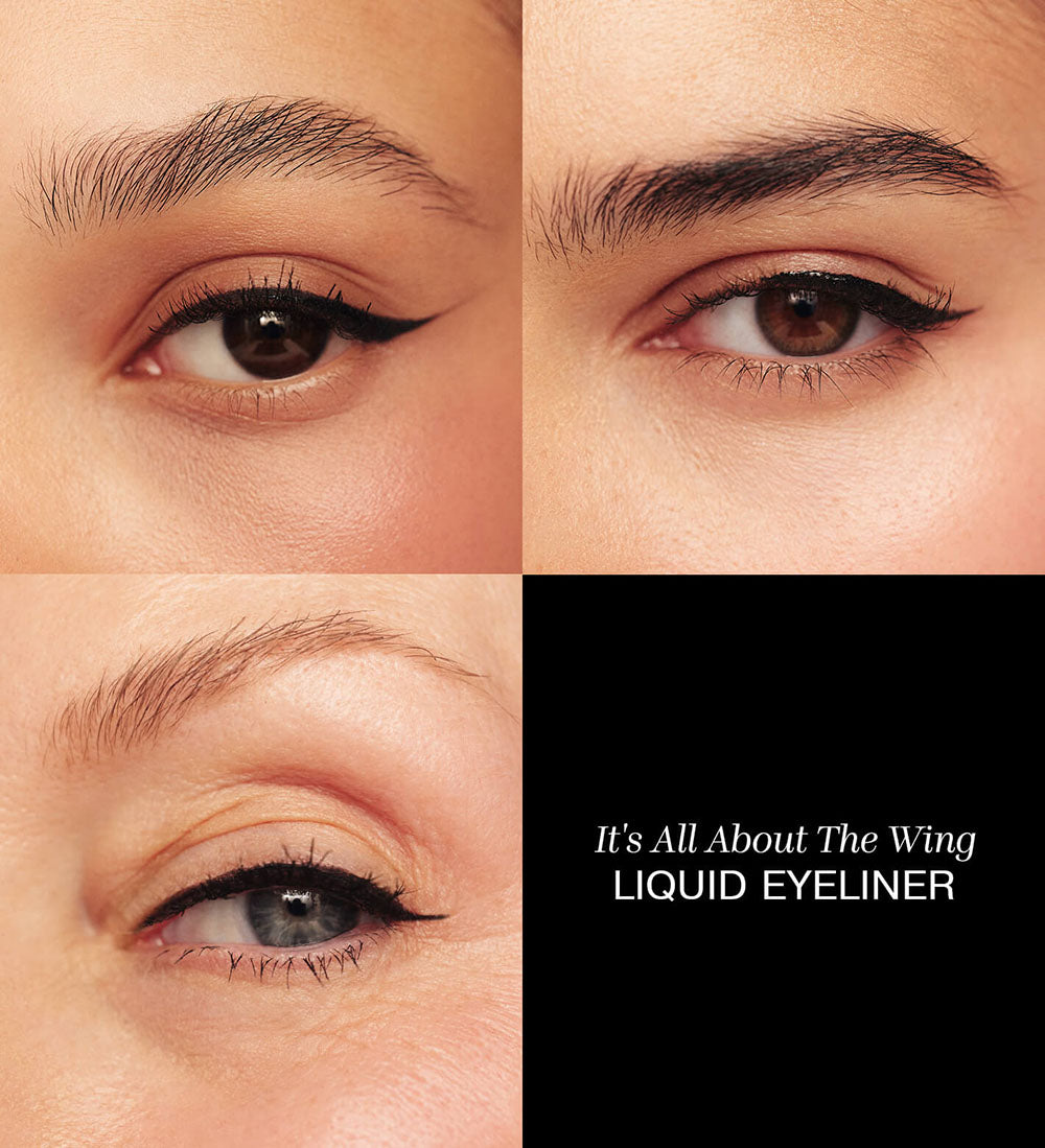 It's All About The Wing Liquid Waterproof Eyeliner applied to three eyes, showing a sharp and precise winged finish.