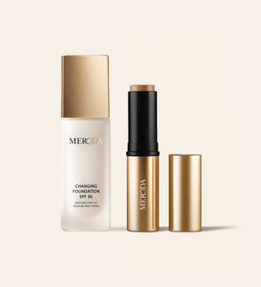 Bronzer Base Bundle with Changing Foundation SPF 30 and Soft Tan Bronzer stick on a light background.