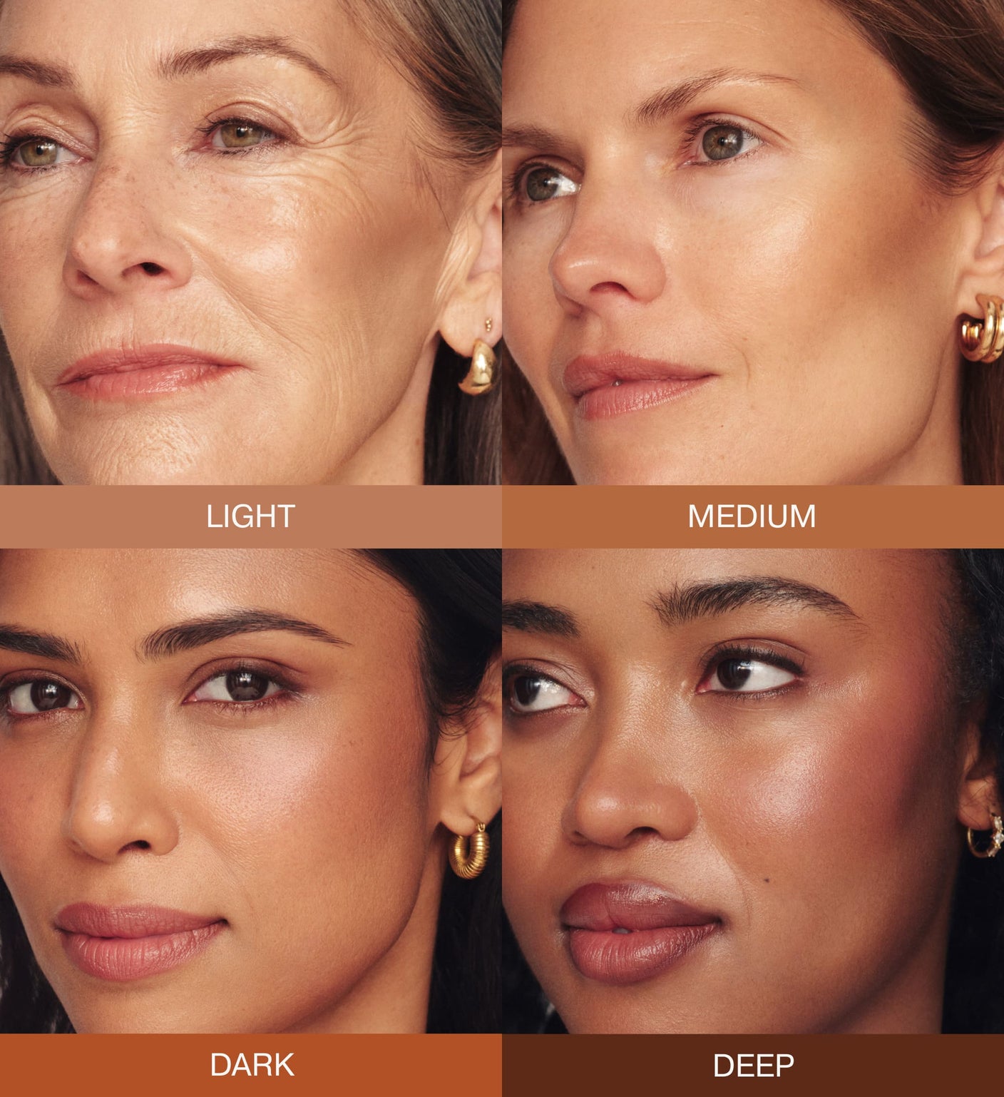 Soft Tan Bronzer shade finder showing Light, Medium, Dark and Deep shades on diverse skin tones.