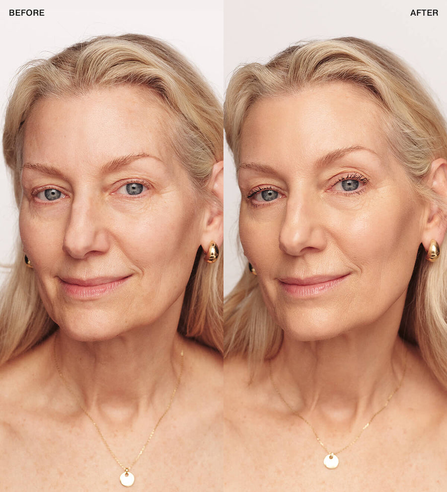 Changing Foundation before and after comparison on mature skin showing concealed redness and a natural finish