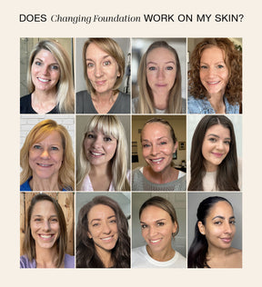 Changing Foundation user grid showcasing diverse skin tones and radiant natural finishes.