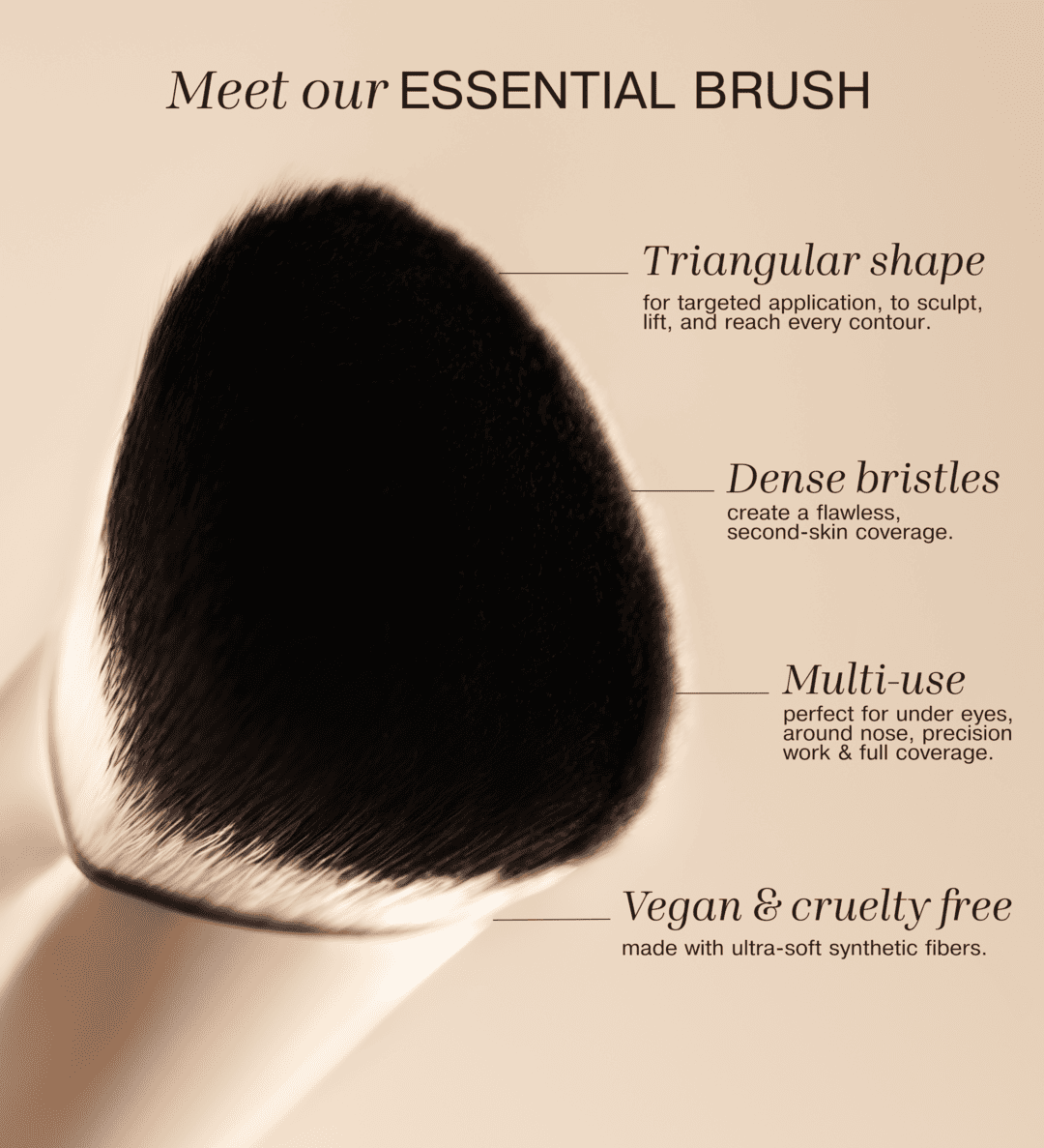 The Essential Brush highlights featuring triangular shape, dense bristles and vegan synthetic fibres