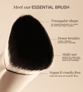 The Essential Brush highlights featuring triangular shape, dense bristles and vegan synthetic fibres