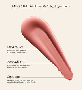 Vibrant Cheeks Liquid Blush pink swatch highlighting revitalising Shea Butter, Avocado Oil and Squalane.