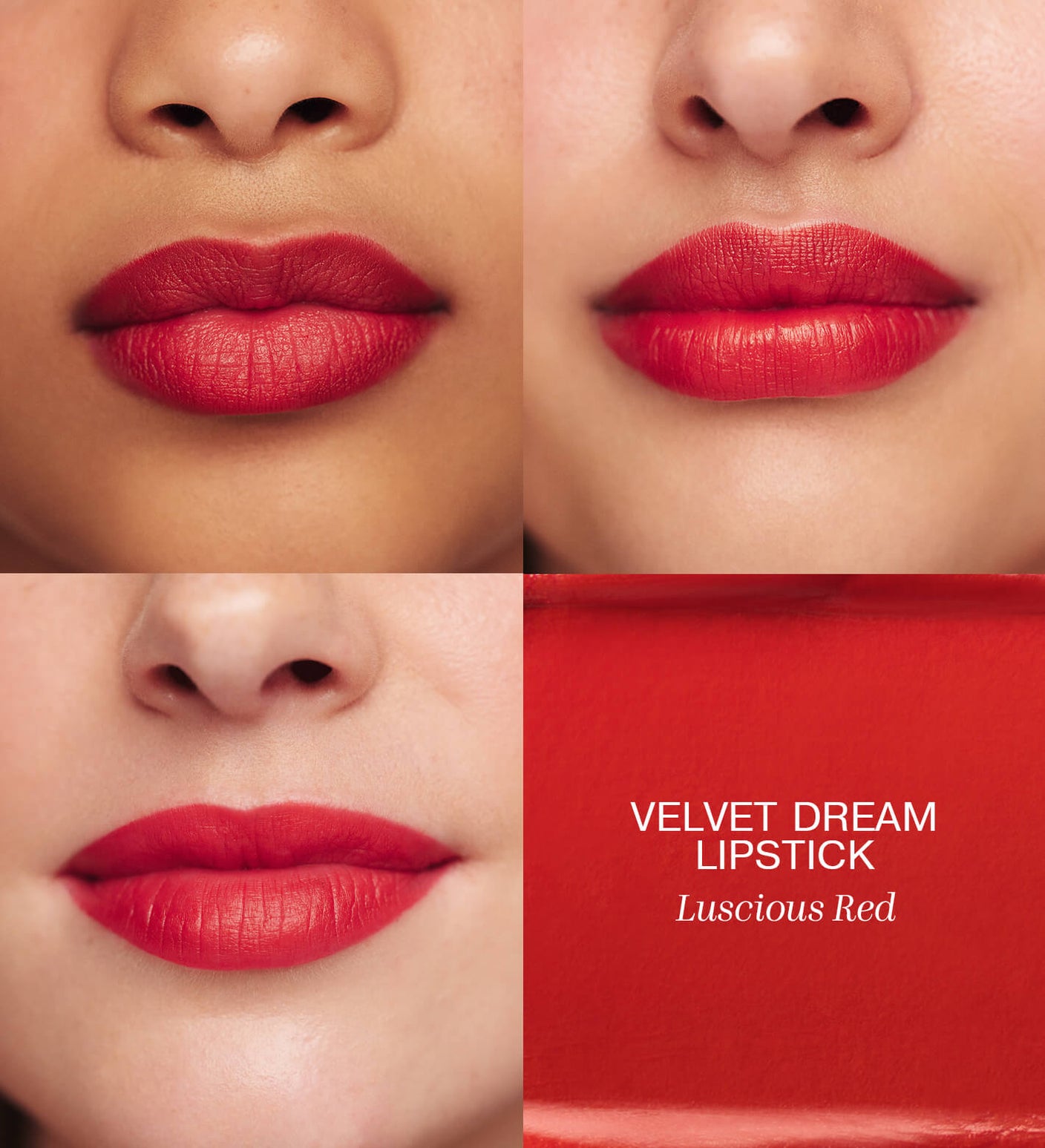 Luscious Lips Set featuring Velvet Dream Lipstick in Luscious Red on three models and texture swatch
