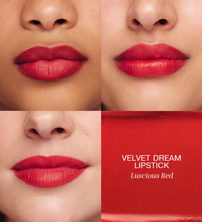 Luscious Lips Set featuring Velvet Dream Lipstick in Luscious Red on three models and texture swatch