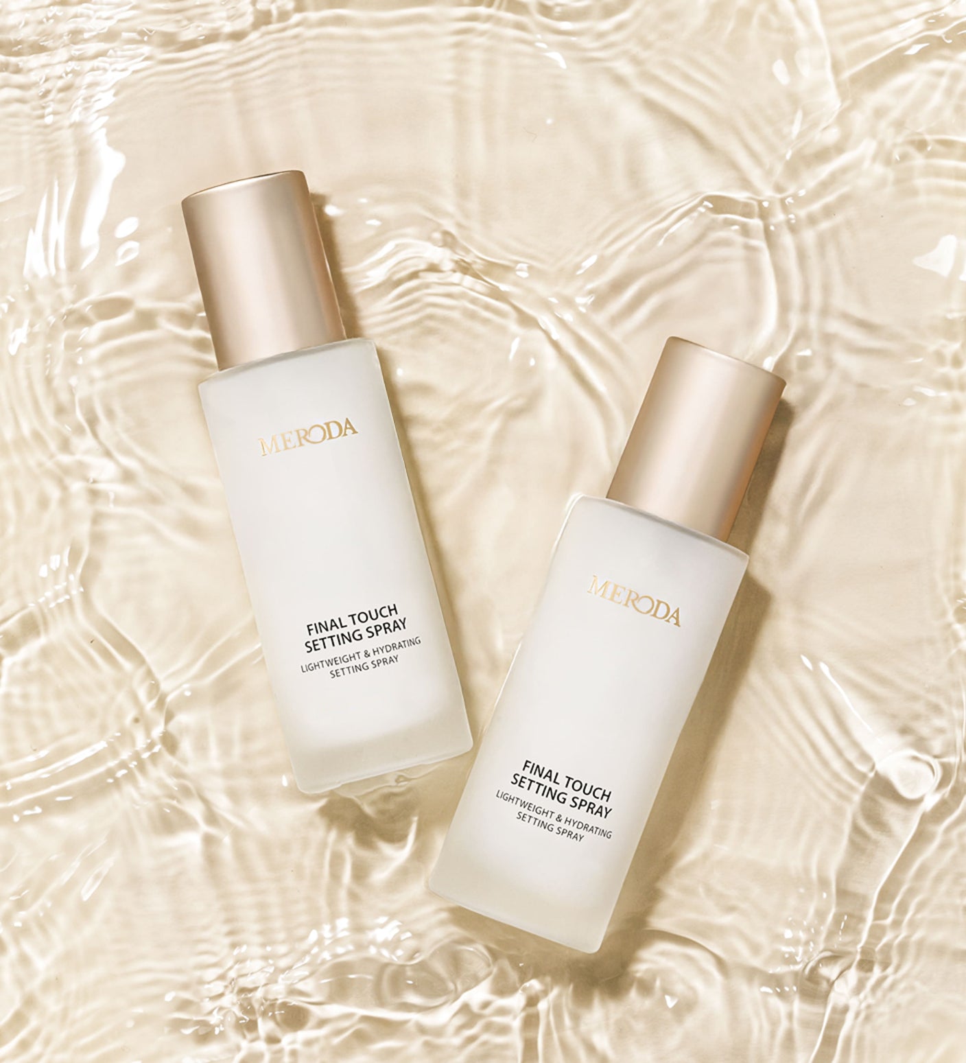 Two bottles of Final Touch Setting Spray in water demonstrating the lightweight and hydrating formula