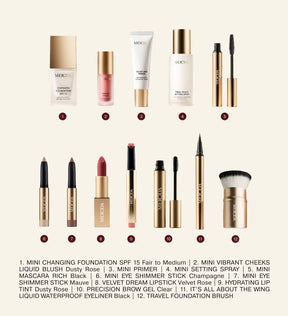 Advent Calendar contents displaying all 12 beauty products and travel-friendly makeup tools laid out with numbered labels.