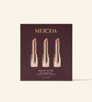 Mini Lip Tint Trio in packaging showing three hydrating lip tints in Dusty Rose, Honey Beige, and Peachy Rose.