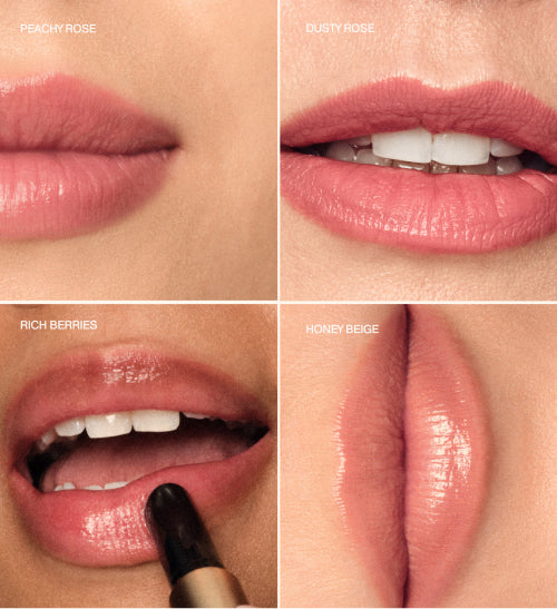 Hydrating Lip Tint shade finder showing Peachy Rose, Dusty Rose, Rich Berries and Honey Beige on lips